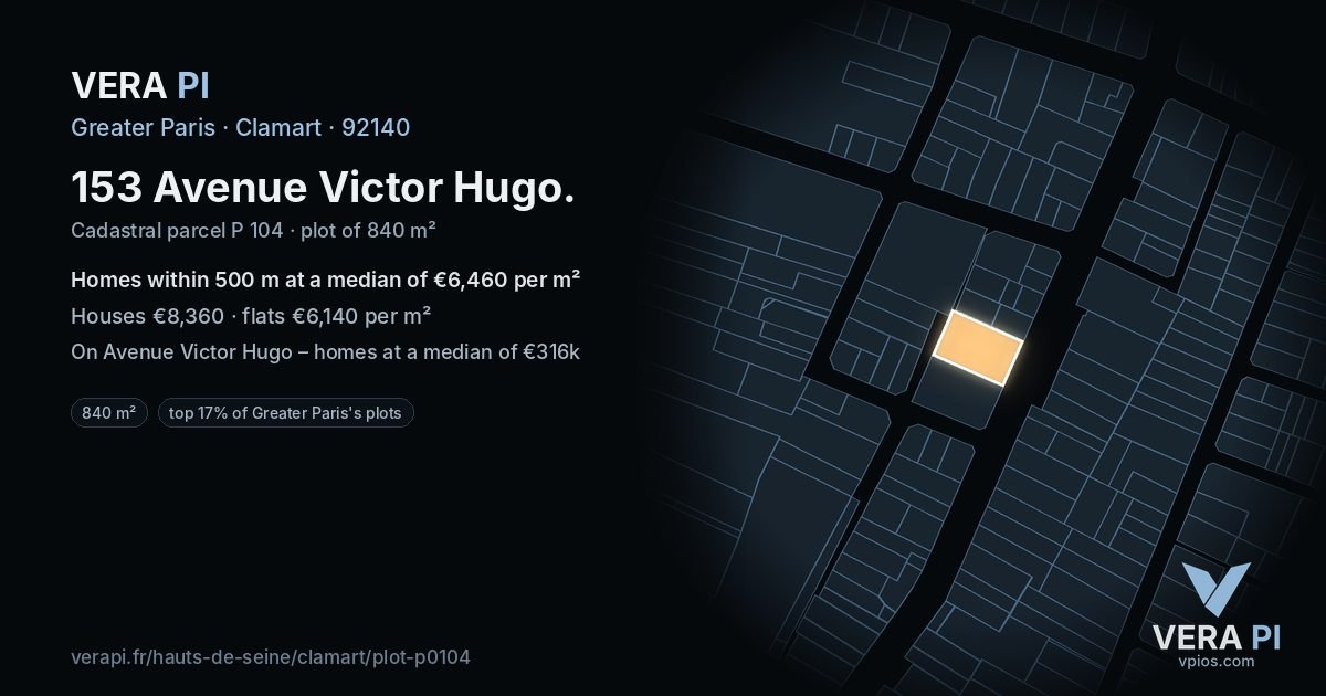 153 Avenue Victor Hugo, Clamart at night – the plot lit, the parcels around coloured by the prices near them