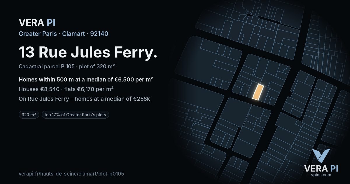 13 Rue Jules Ferry, Clamart at night – the plot lit, the parcels around coloured by the prices near them