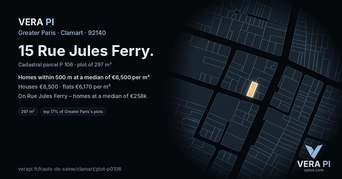 15 Rue Jules Ferry, Clamart at night – the plot lit, the parcels around coloured by the prices near them