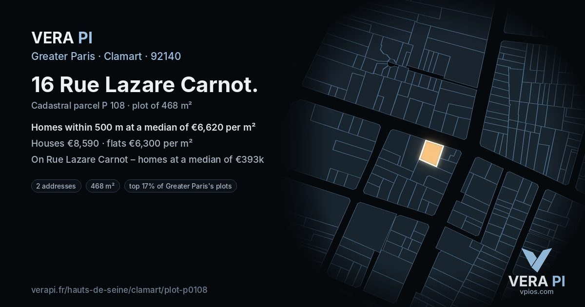 16 Rue Lazare Carnot, Clamart at night – the plot lit, the parcels around coloured by the prices near them