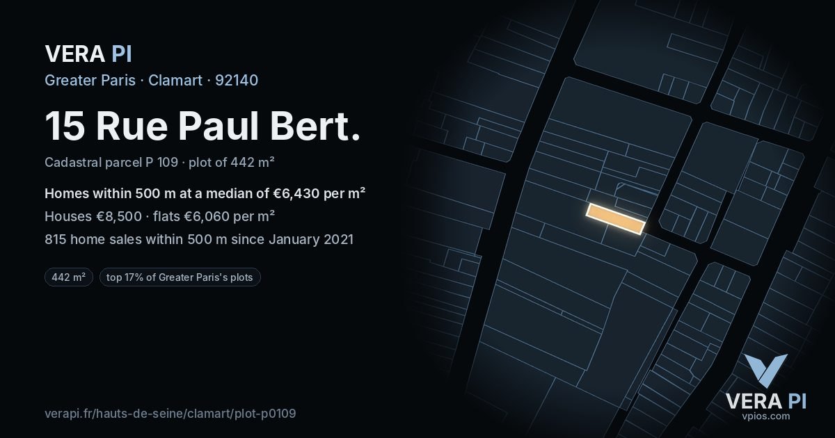 15 Rue Paul Bert, Clamart at night – the plot lit, the parcels around coloured by the prices near them