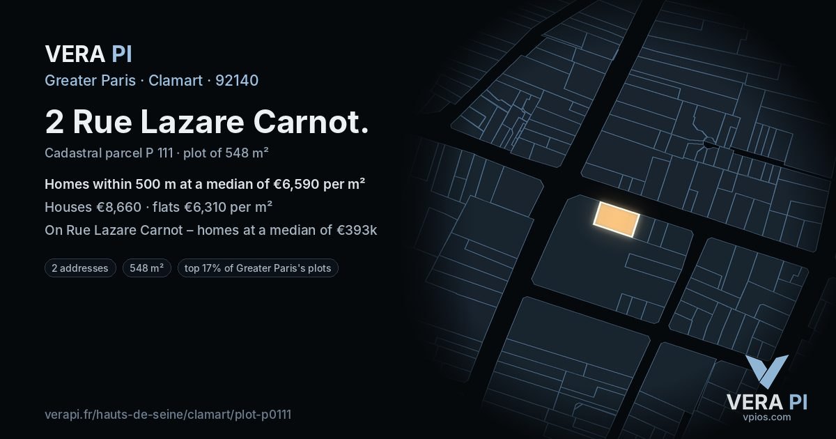 2 Rue Lazare Carnot, Clamart at night – the plot lit, the parcels around coloured by the prices near them