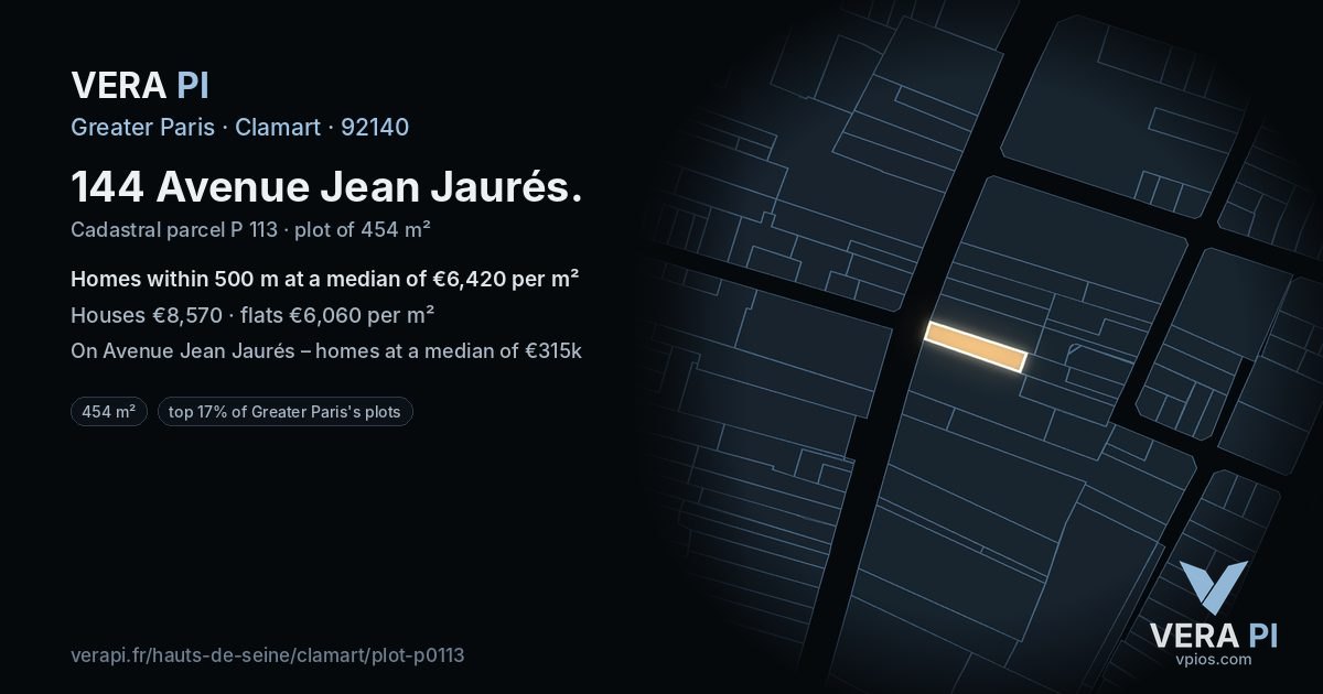 144 Avenue Jean Jaurés, Clamart at night – the plot lit, the parcels around coloured by the prices near them