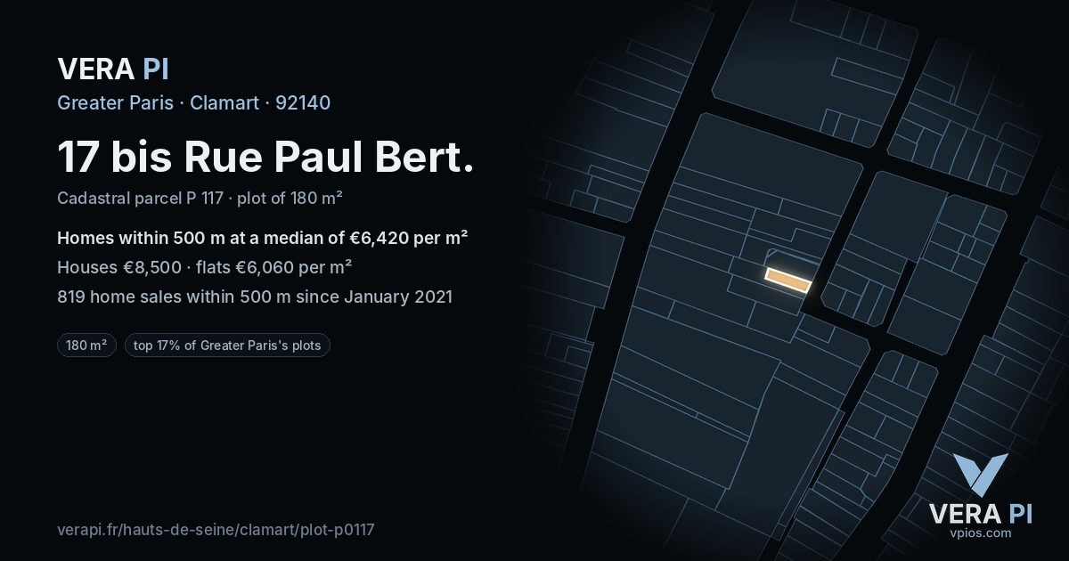 17 bis Rue Paul Bert, Clamart at night – the plot lit, the parcels around coloured by the prices near them