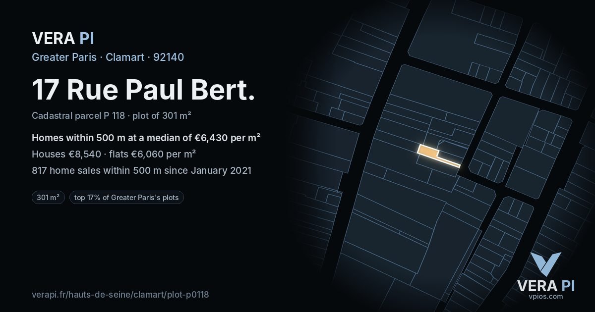 17 Rue Paul Bert, Clamart at night – the plot lit, the parcels around coloured by the prices near them