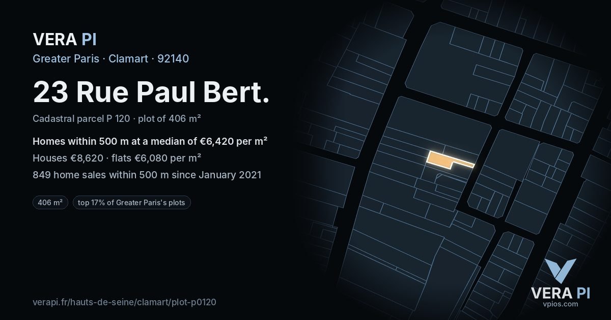 23 Rue Paul Bert, Clamart at night – the plot lit, the parcels around coloured by the prices near them