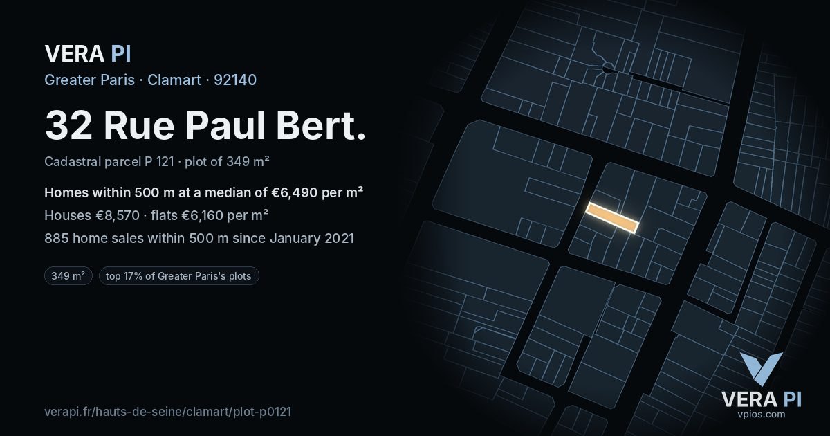 32 Rue Paul Bert, Clamart at night – the plot lit, the parcels around coloured by the prices near them
