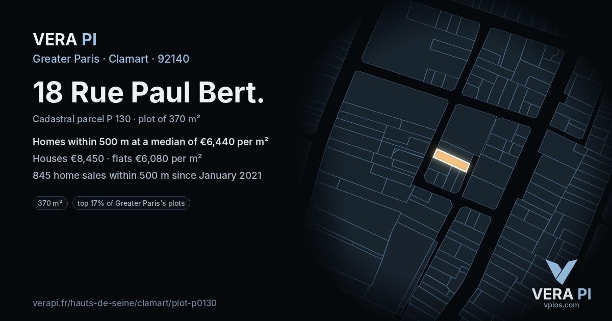 18 Rue Paul Bert, Clamart at night – the plot lit, the parcels around coloured by the prices near them