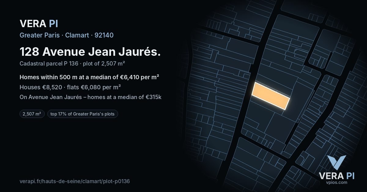 128 Avenue Jean Jaurés, Clamart at night – the plot lit, the parcels around coloured by the prices near them