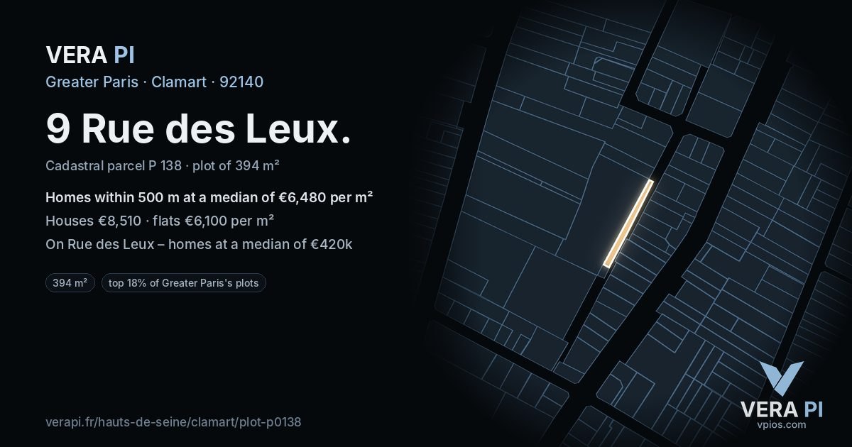 9 Rue des Leux, Clamart at night – the plot lit, the parcels around coloured by the prices near them