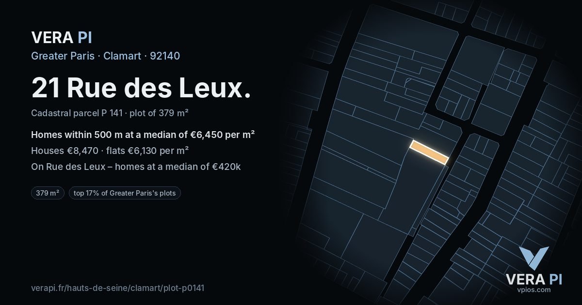 21 Rue des Leux, Clamart at night – the plot lit, the parcels around coloured by the prices near them