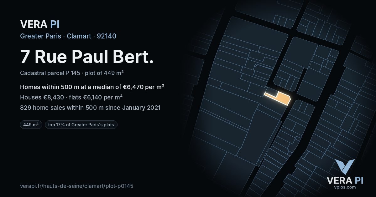 7 Rue Paul Bert, Clamart at night – the plot lit, the parcels around coloured by the prices near them