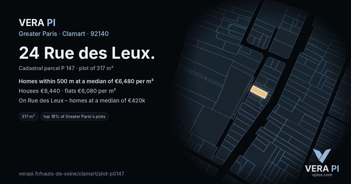 24 Rue des Leux, Clamart at night – the plot lit, the parcels around coloured by the prices near them