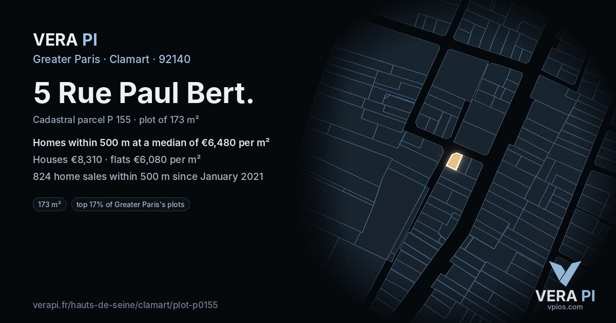 5 Rue Paul Bert, Clamart at night – the plot lit, the parcels around coloured by the prices near them