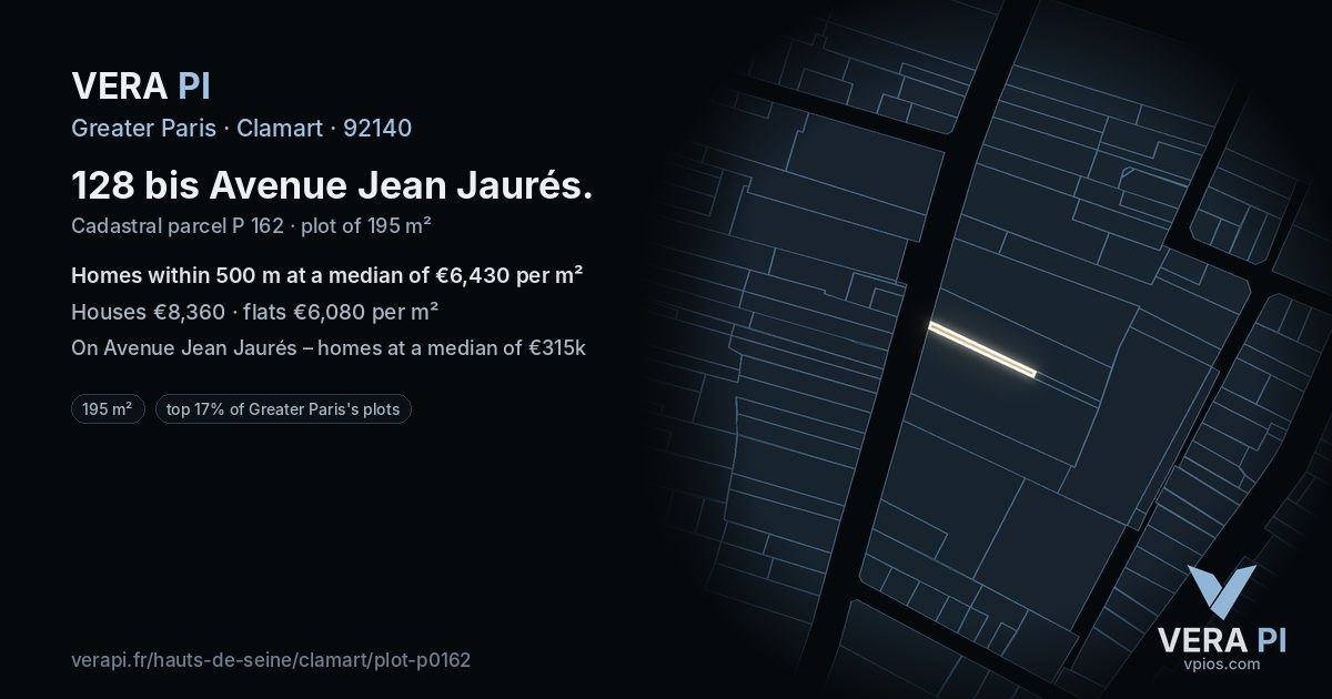 128 bis Avenue Jean Jaurés, Clamart at night – the plot lit, the parcels around coloured by the prices near them