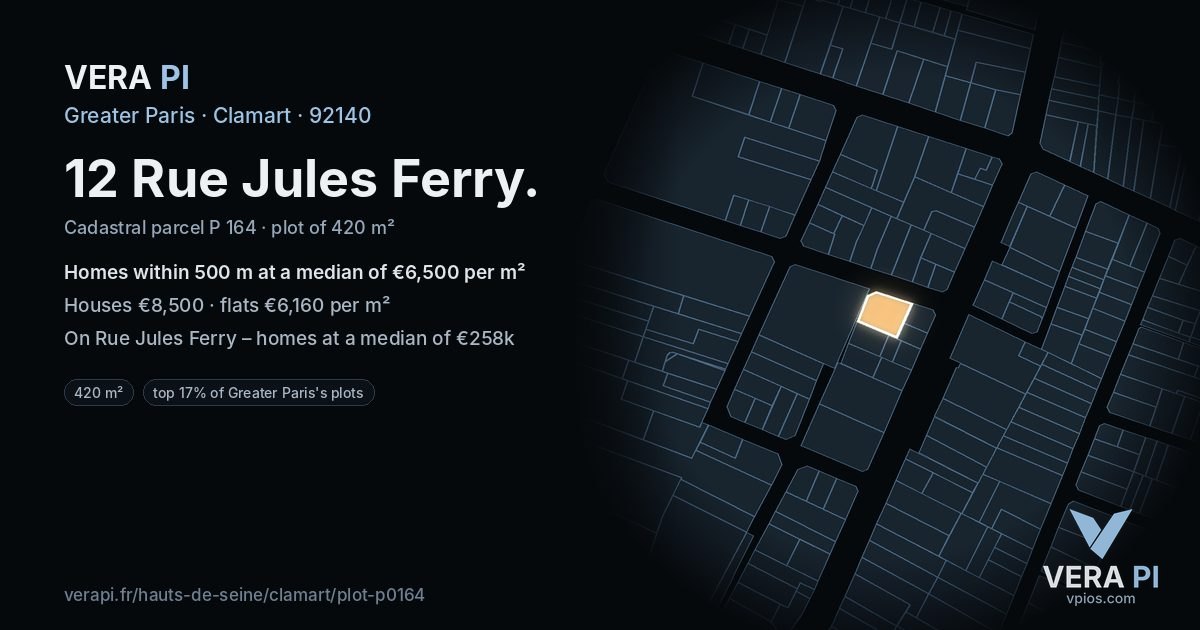 12 Rue Jules Ferry, Clamart at night – the plot lit, the parcels around coloured by the prices near them
