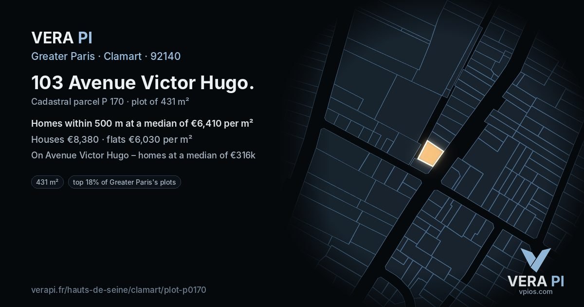103 Avenue Victor Hugo, Clamart at night – the plot lit, the parcels around coloured by the prices near them