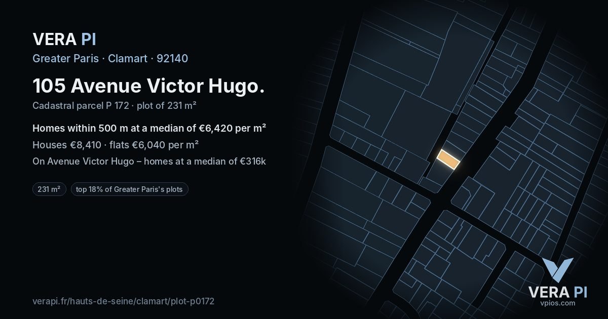 105 Avenue Victor Hugo, Clamart at night – the plot lit, the parcels around coloured by the prices near them