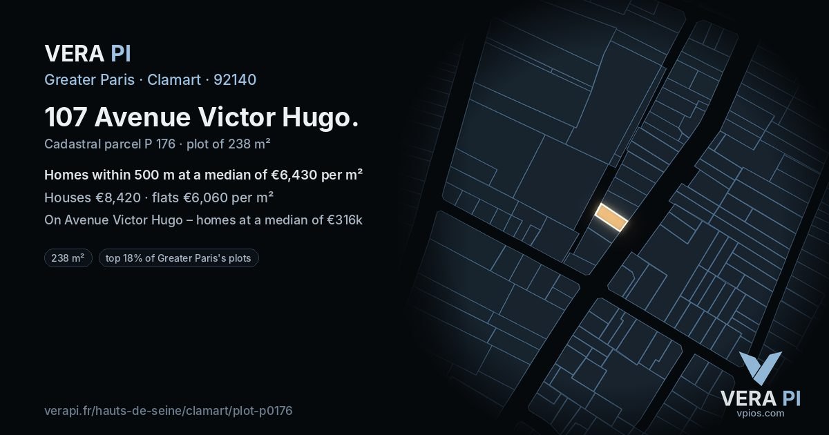 107 Avenue Victor Hugo, Clamart at night – the plot lit, the parcels around coloured by the prices near them