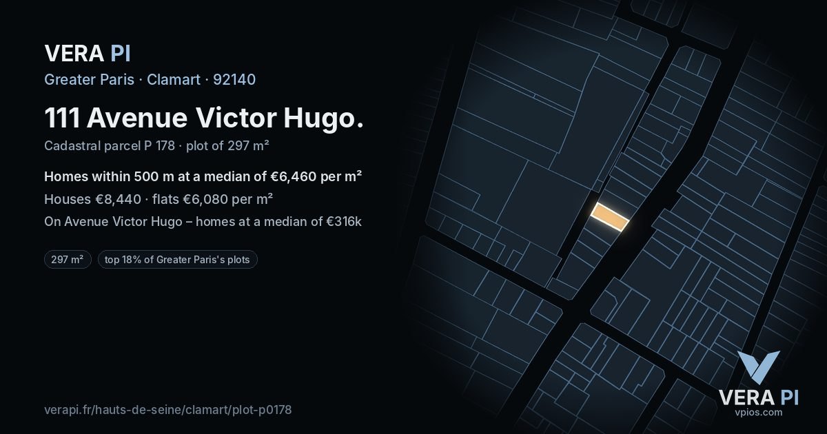 111 Avenue Victor Hugo, Clamart at night – the plot lit, the parcels around coloured by the prices near them