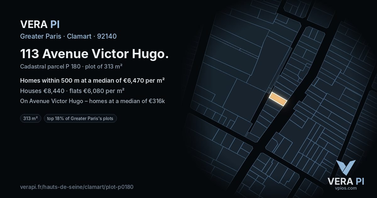 113 Avenue Victor Hugo, Clamart at night – the plot lit, the parcels around coloured by the prices near them