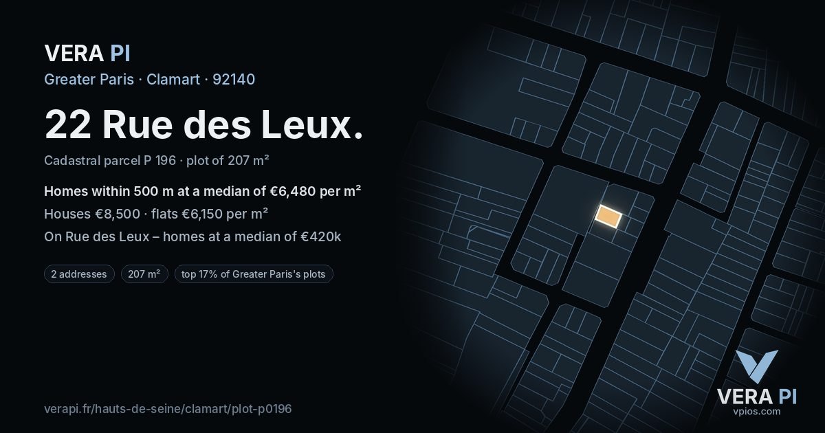 22 Rue des Leux, Clamart at night – the plot lit, the parcels around coloured by the prices near them