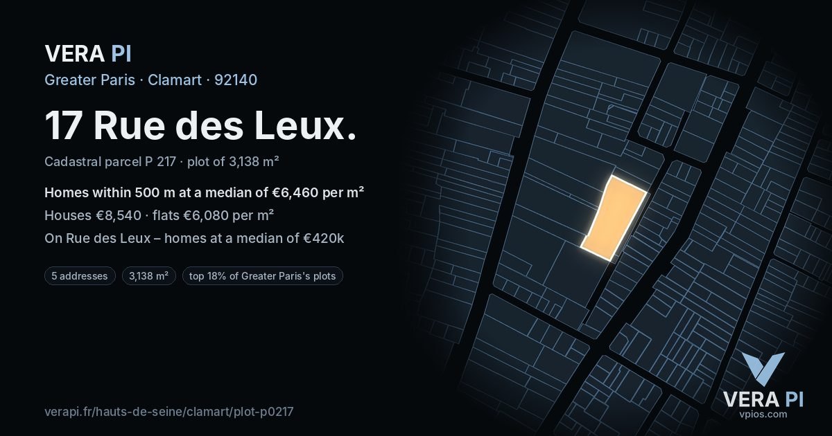 17 Rue des Leux, Clamart at night – the plot lit, the parcels around coloured by the prices near them