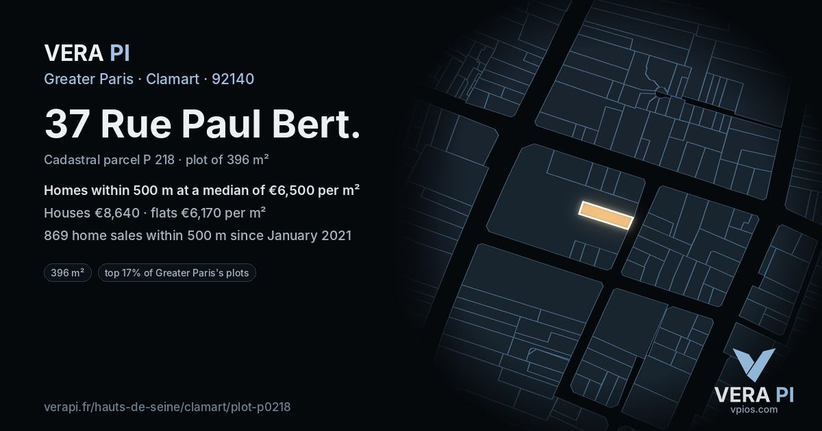 37 Rue Paul Bert, Clamart at night – the plot lit, the parcels around coloured by the prices near them