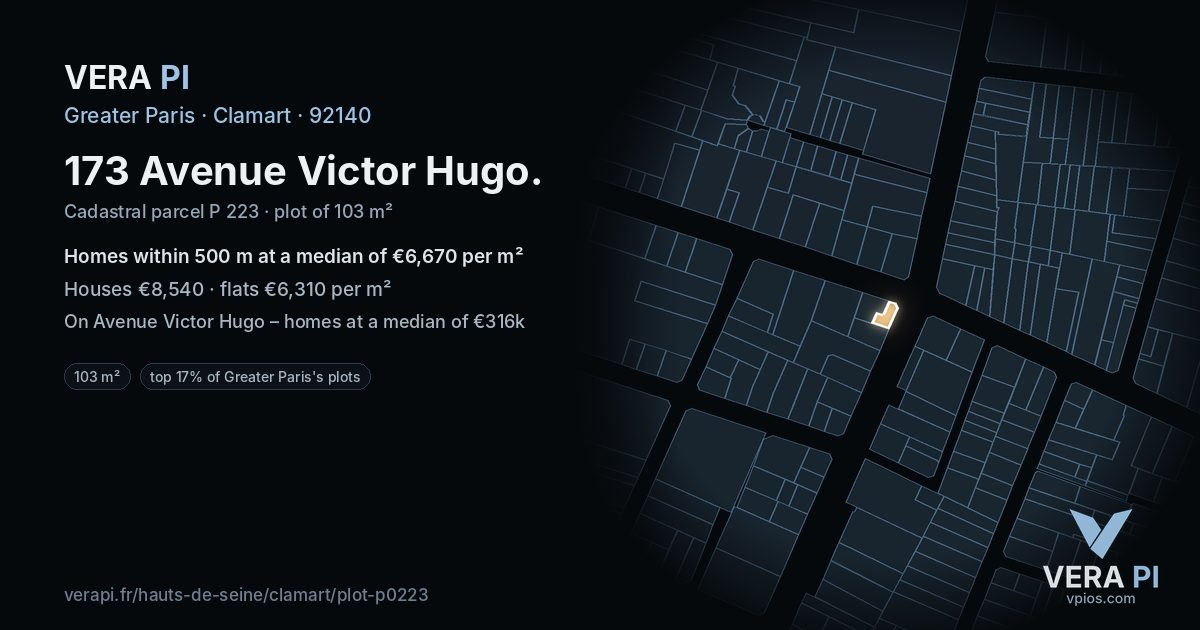 173 Avenue Victor Hugo, Clamart at night – the plot lit, the parcels around coloured by the prices near them