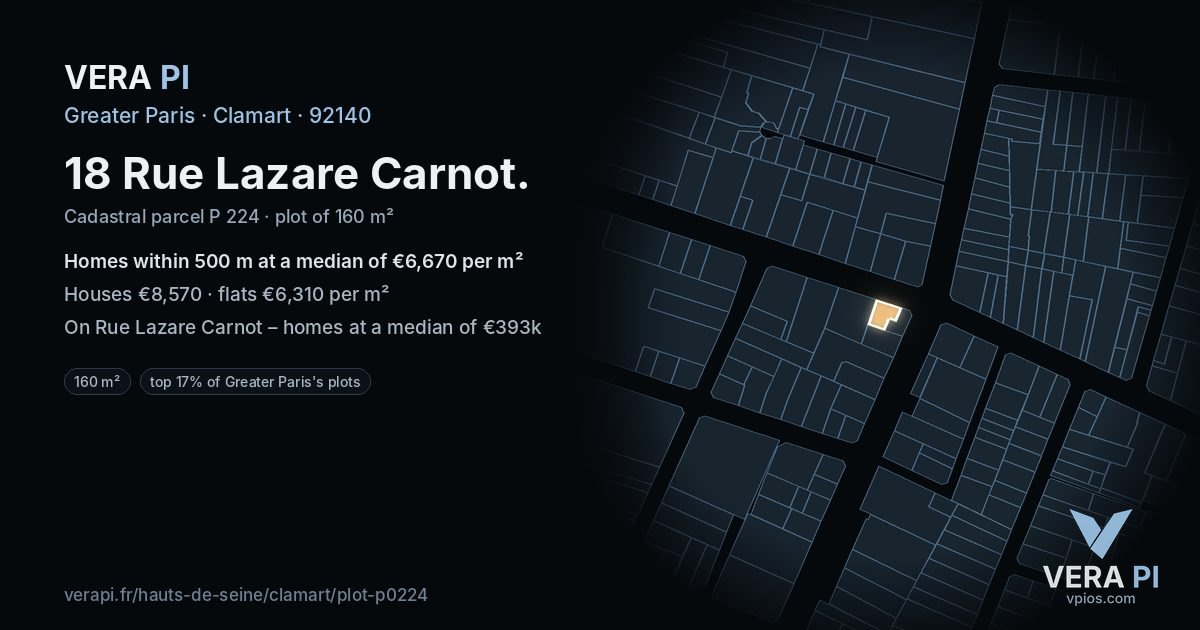 18 Rue Lazare Carnot, Clamart at night – the plot lit, the parcels around coloured by the prices near them