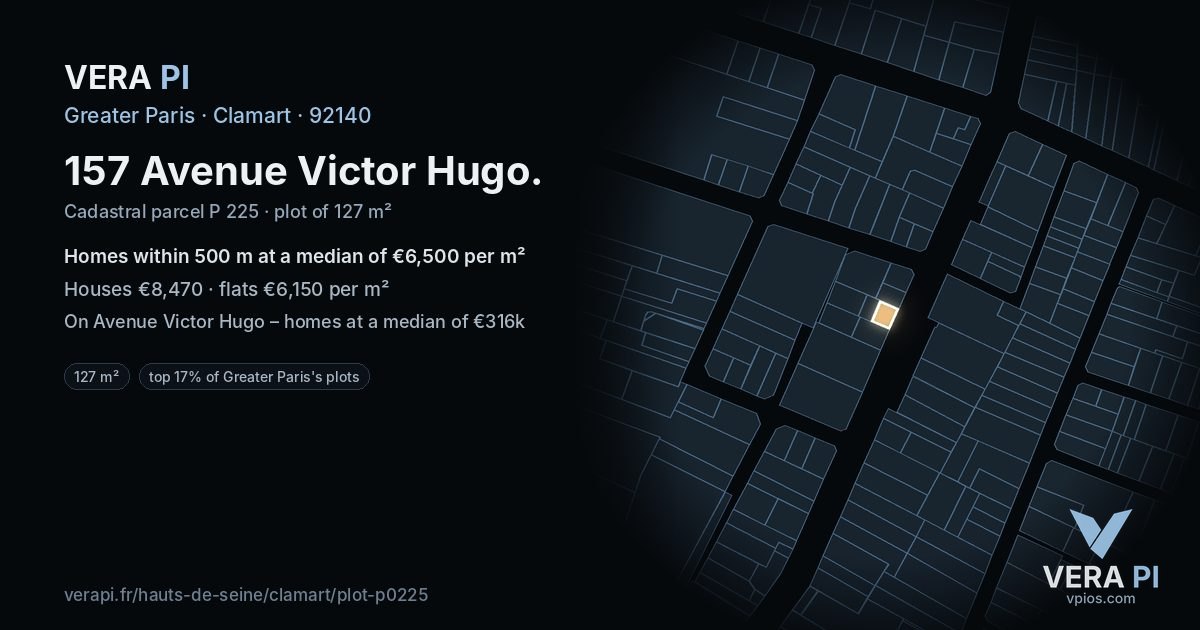 157 Avenue Victor Hugo, Clamart at night – the plot lit, the parcels around coloured by the prices near them