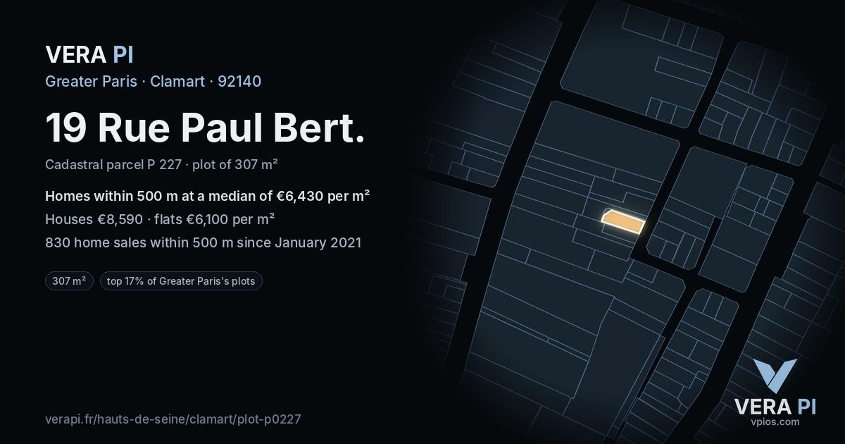 19 Rue Paul Bert, Clamart at night – the plot lit, the parcels around coloured by the prices near them