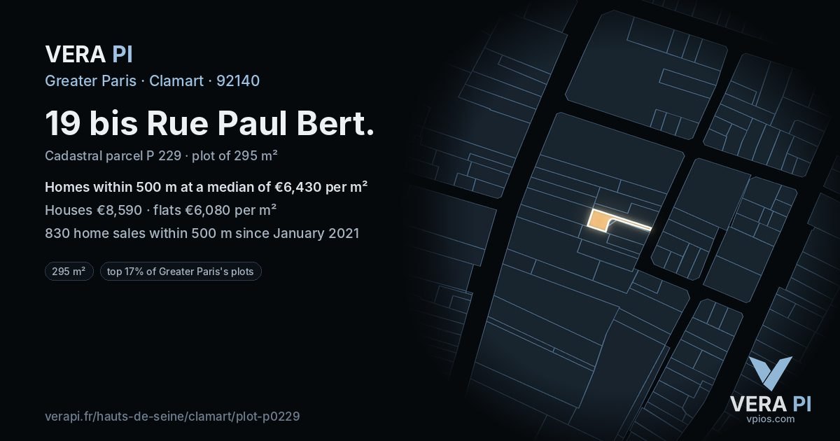 19 bis Rue Paul Bert, Clamart at night – the plot lit, the parcels around coloured by the prices near them