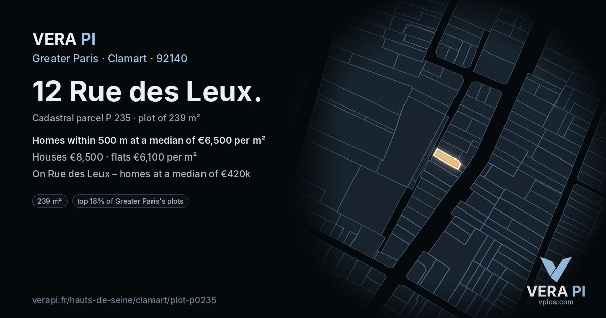 12 Rue des Leux, Clamart at night – the plot lit, the parcels around coloured by the prices near them