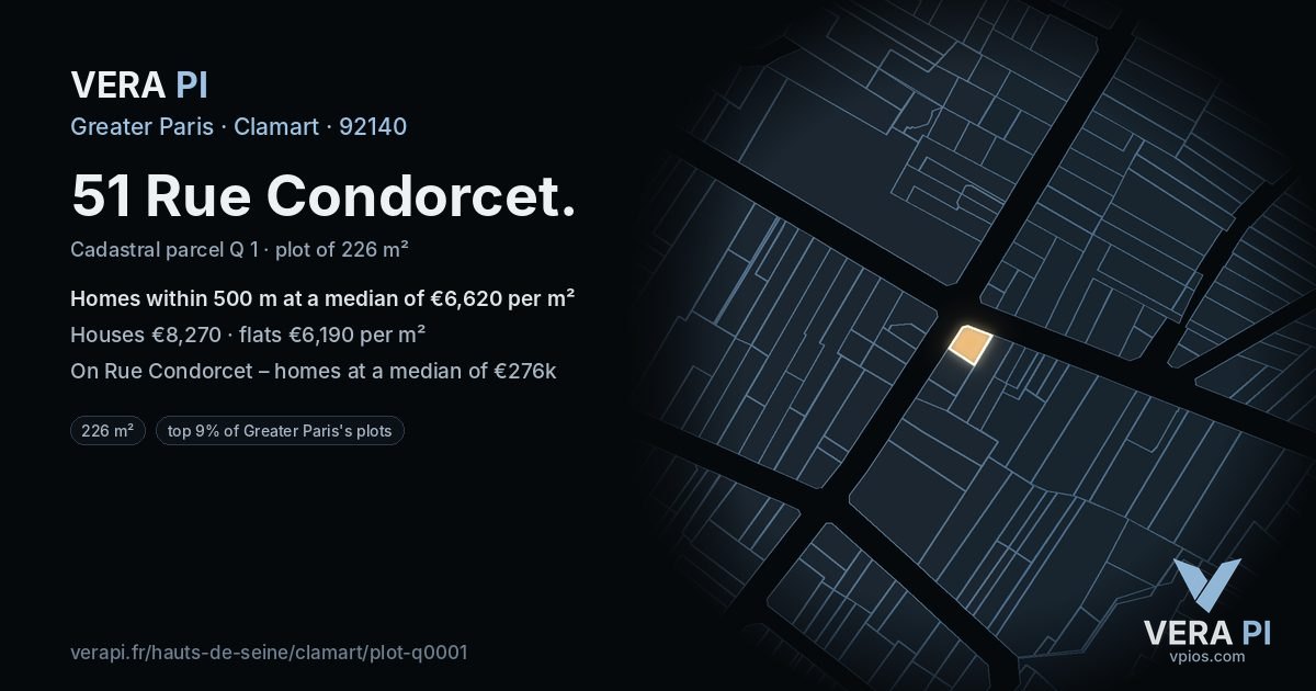 51 Rue Condorcet, Clamart at night – the plot lit, the parcels around coloured by the prices near them