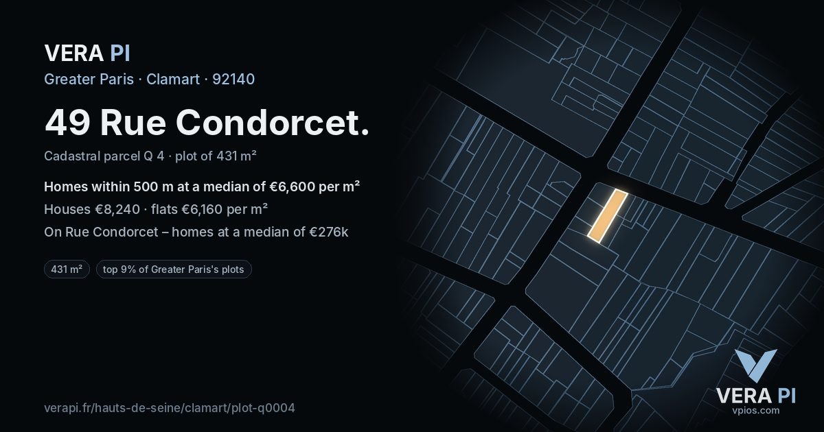 49 Rue Condorcet, Clamart at night – the plot lit, the parcels around coloured by the prices near them