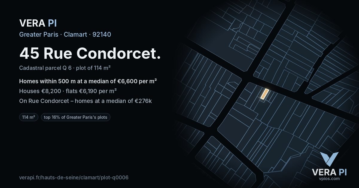 45 Rue Condorcet, Clamart at night – the plot lit, the parcels around coloured by the prices near them