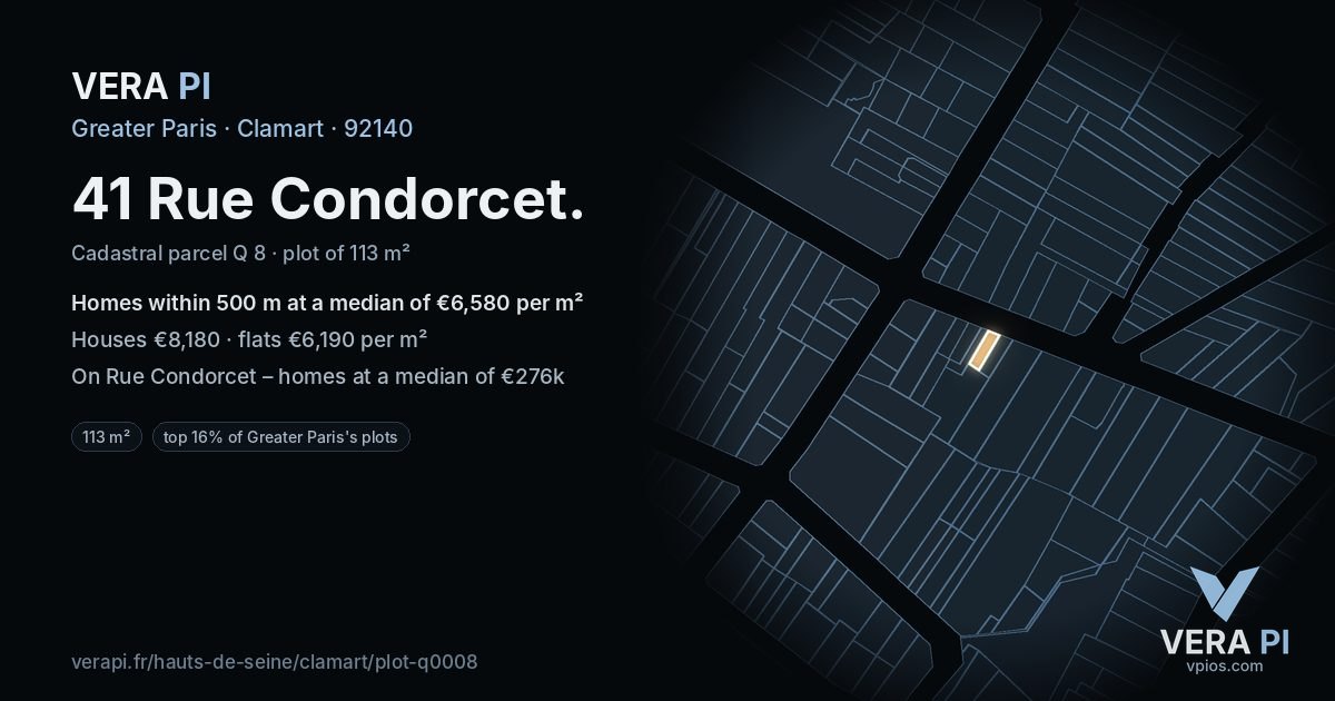 41 Rue Condorcet, Clamart at night – the plot lit, the parcels around coloured by the prices near them