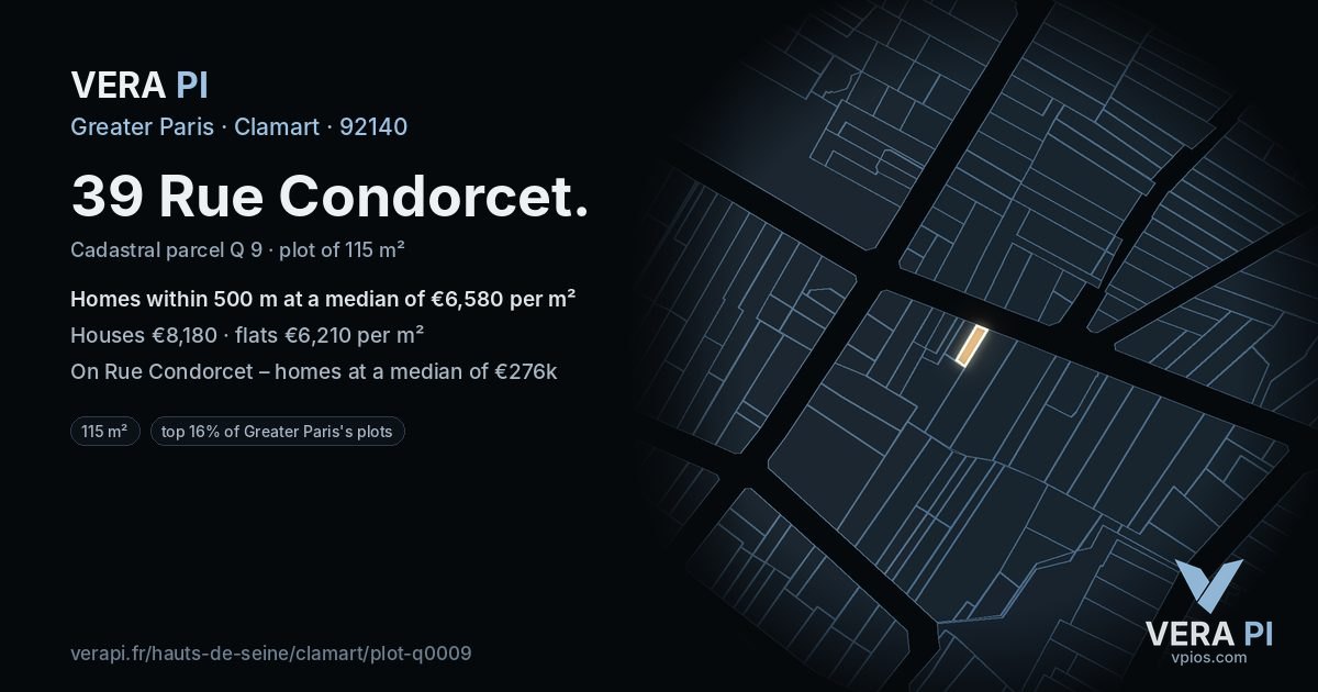 39 Rue Condorcet, Clamart at night – the plot lit, the parcels around coloured by the prices near them
