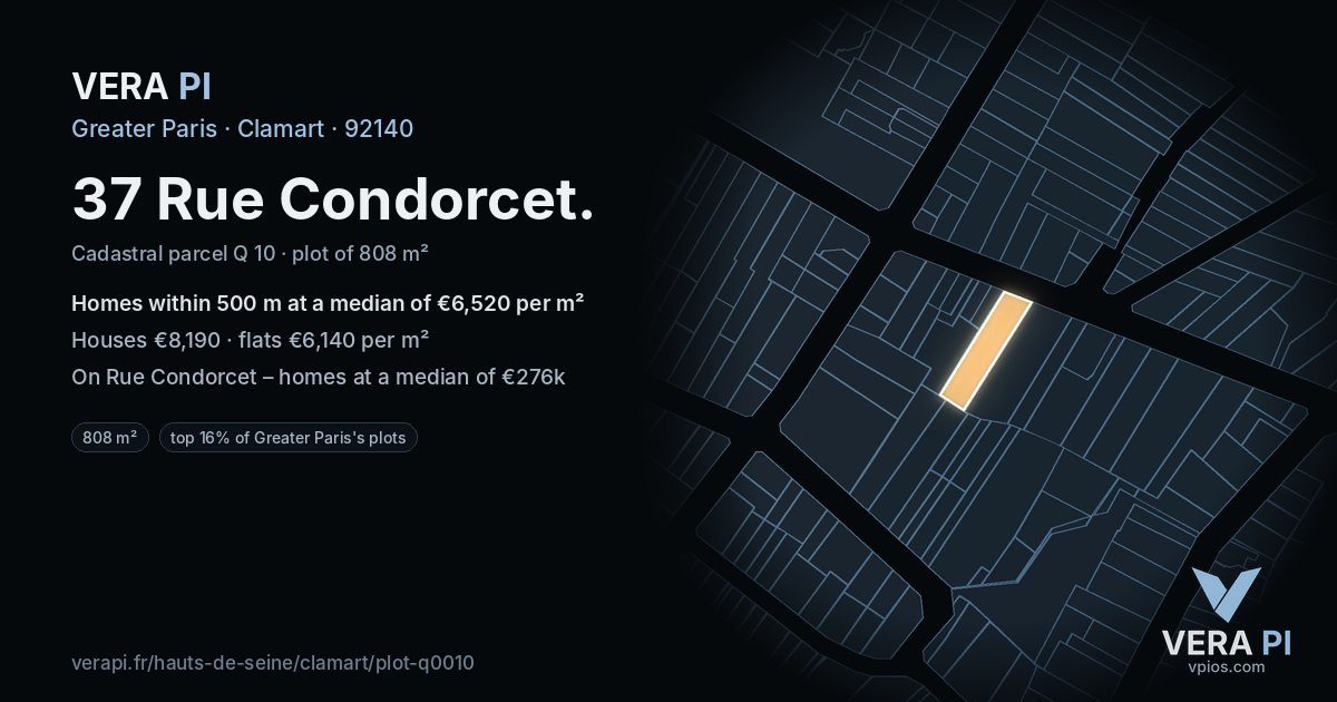 37 Rue Condorcet, Clamart at night – the plot lit, the parcels around coloured by the prices near them