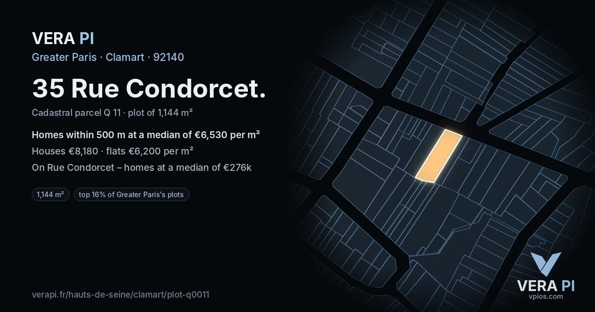 35 Rue Condorcet, Clamart at night – the plot lit, the parcels around coloured by the prices near them