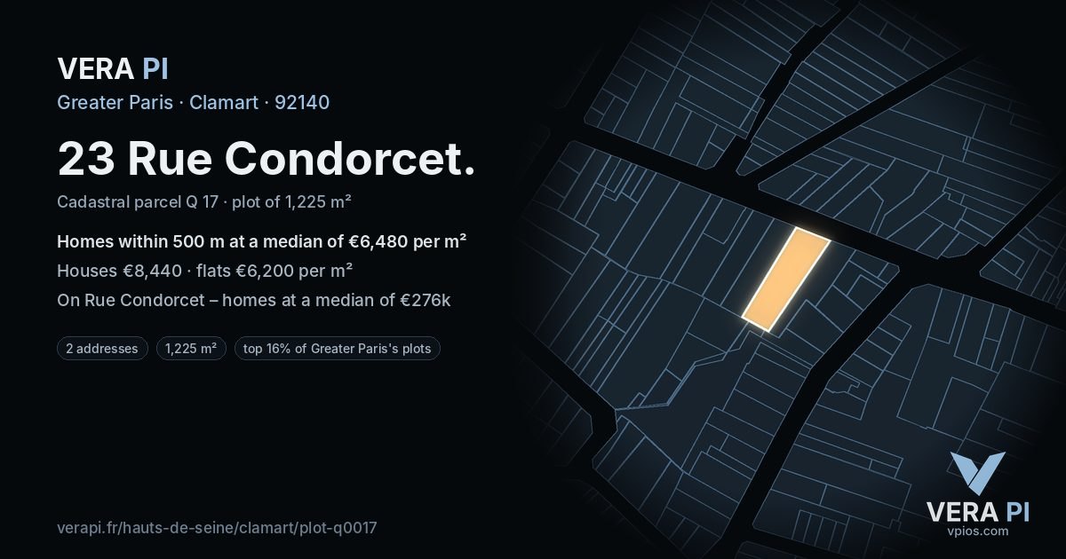 23 Rue Condorcet, Clamart at night – the plot lit, the parcels around coloured by the prices near them