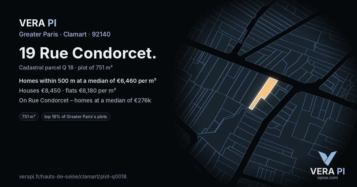 19 Rue Condorcet, Clamart at night – the plot lit, the parcels around coloured by the prices near them