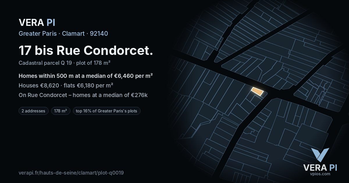 17 bis Rue Condorcet, Clamart at night – the plot lit, the parcels around coloured by the prices near them