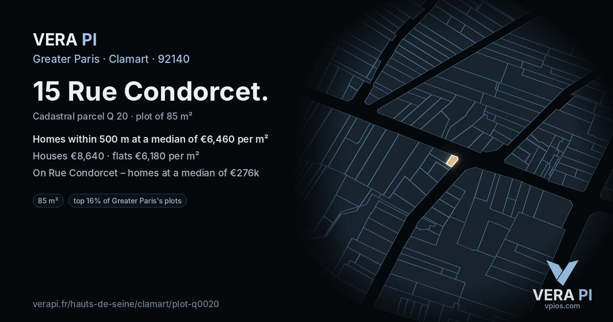 15 Rue Condorcet, Clamart at night – the plot lit, the parcels around coloured by the prices near them