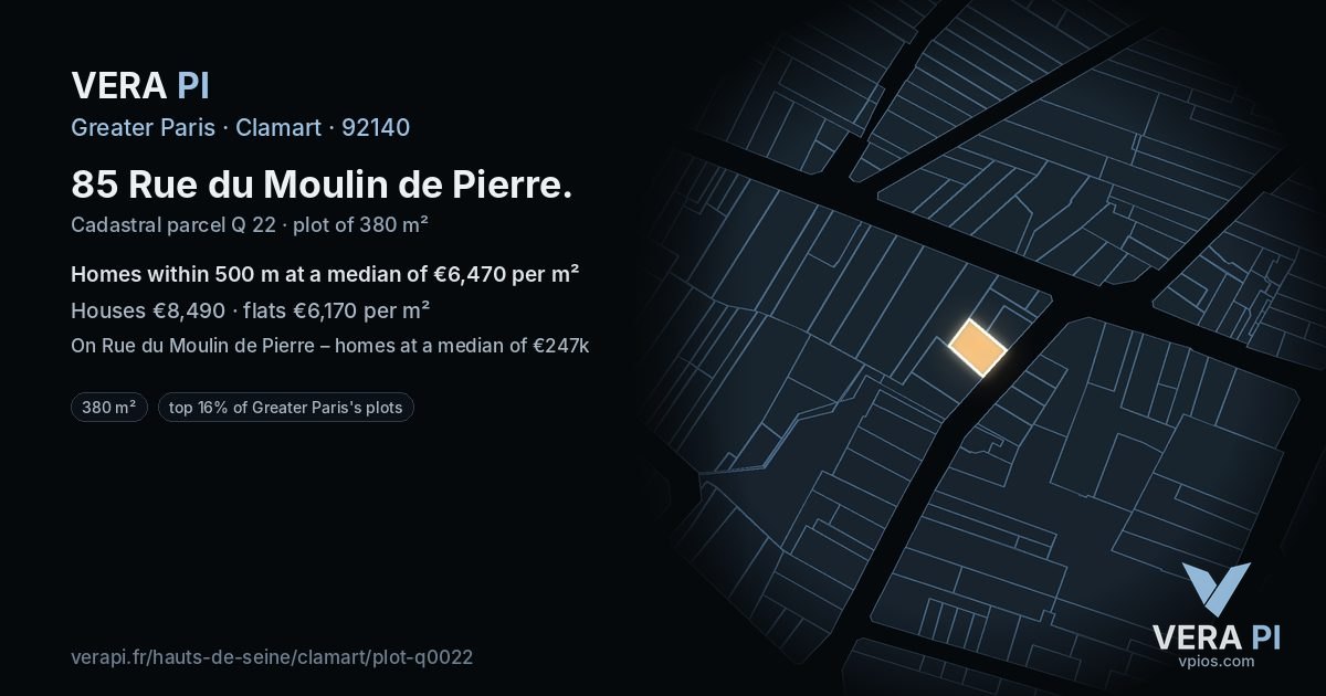 85 Rue du Moulin de Pierre, Clamart at night – the plot lit, the parcels around coloured by the prices near them