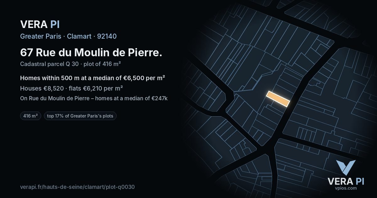67 Rue du Moulin de Pierre, Clamart at night – the plot lit, the parcels around coloured by the prices near them