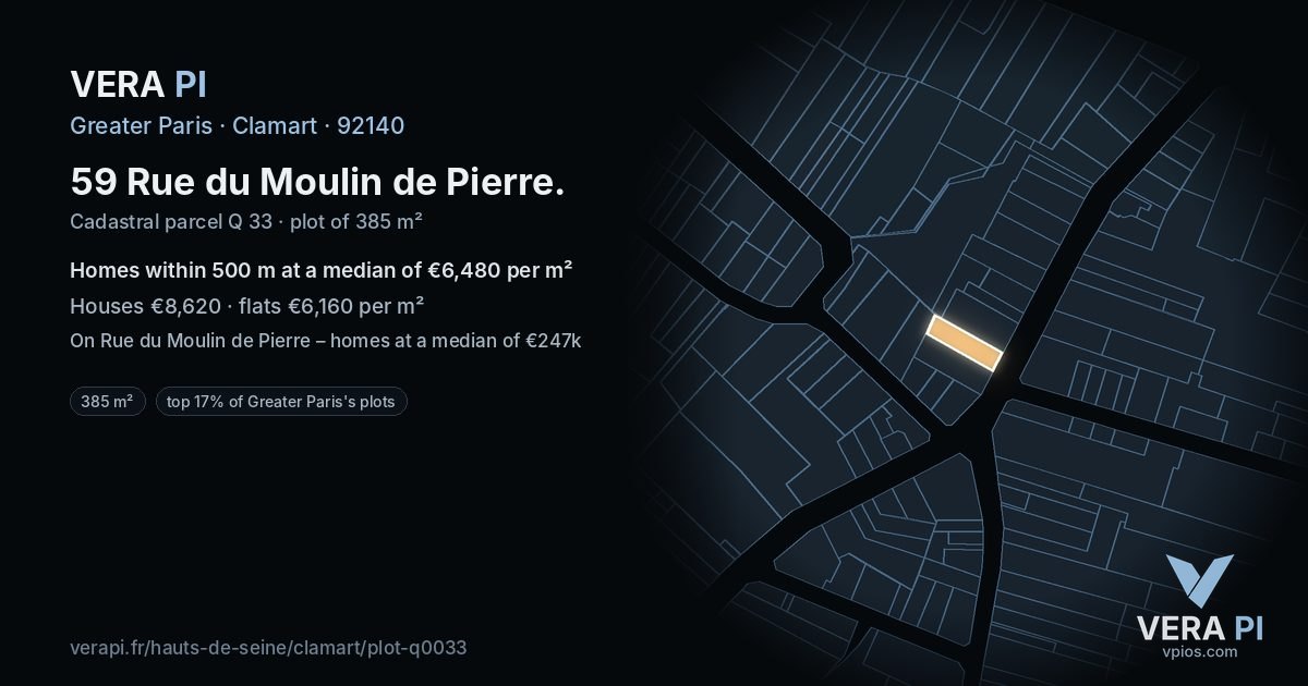 59 Rue du Moulin de Pierre, Clamart at night – the plot lit, the parcels around coloured by the prices near them