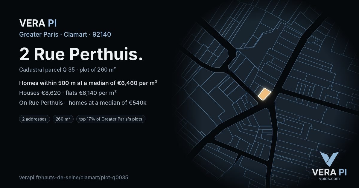 2 Rue Perthuis, Clamart at night – the plot lit, the parcels around coloured by the prices near them