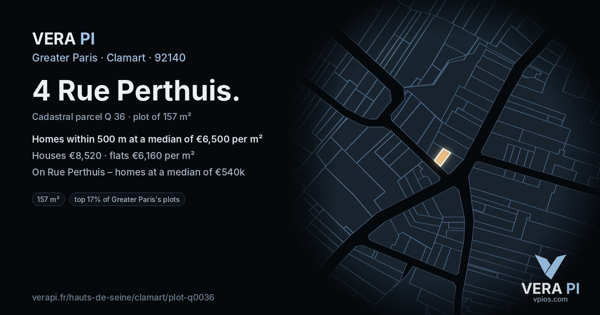 4 Rue Perthuis, Clamart at night – the plot lit, the parcels around coloured by the prices near them